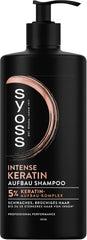 Syoss Keratin Shampoo bottle close-up showing premium formula for strong, healthy-looking hair
