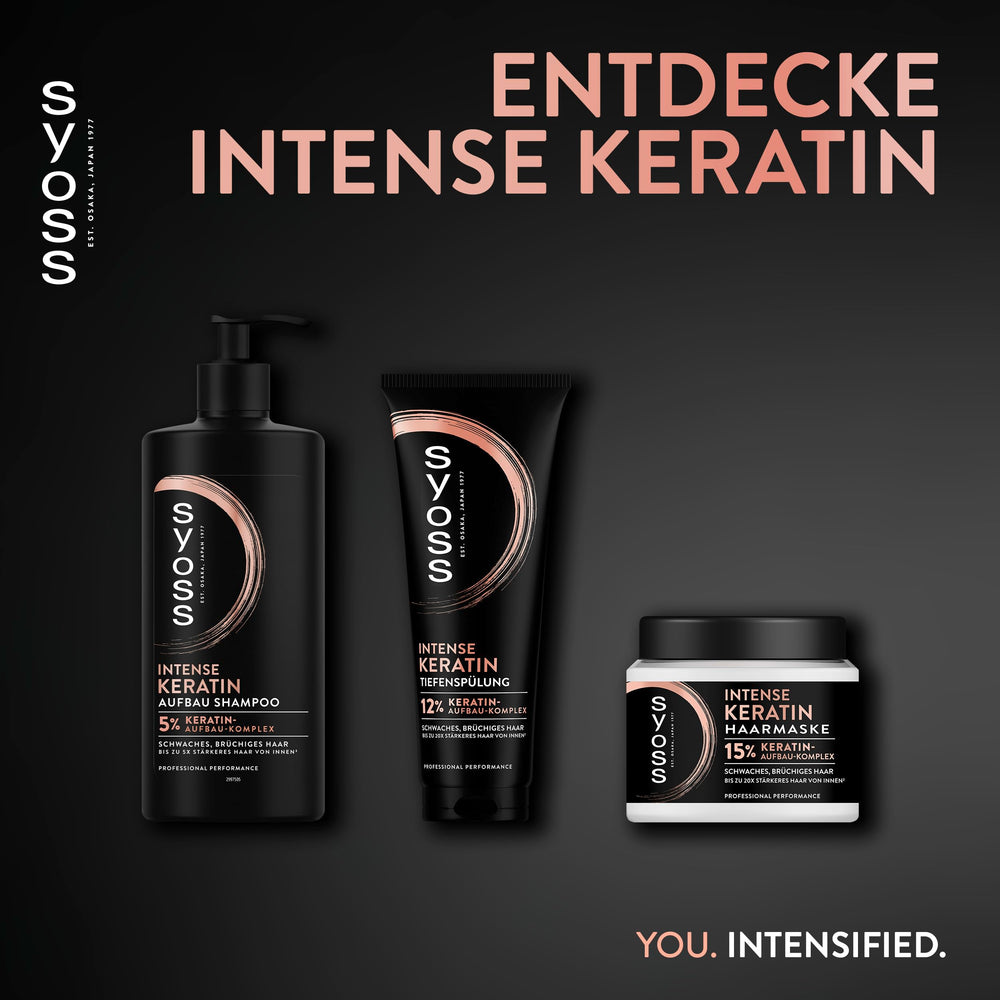 Hair fiber repair scene with Syoss Keratin Shampoo after washing and smoothing