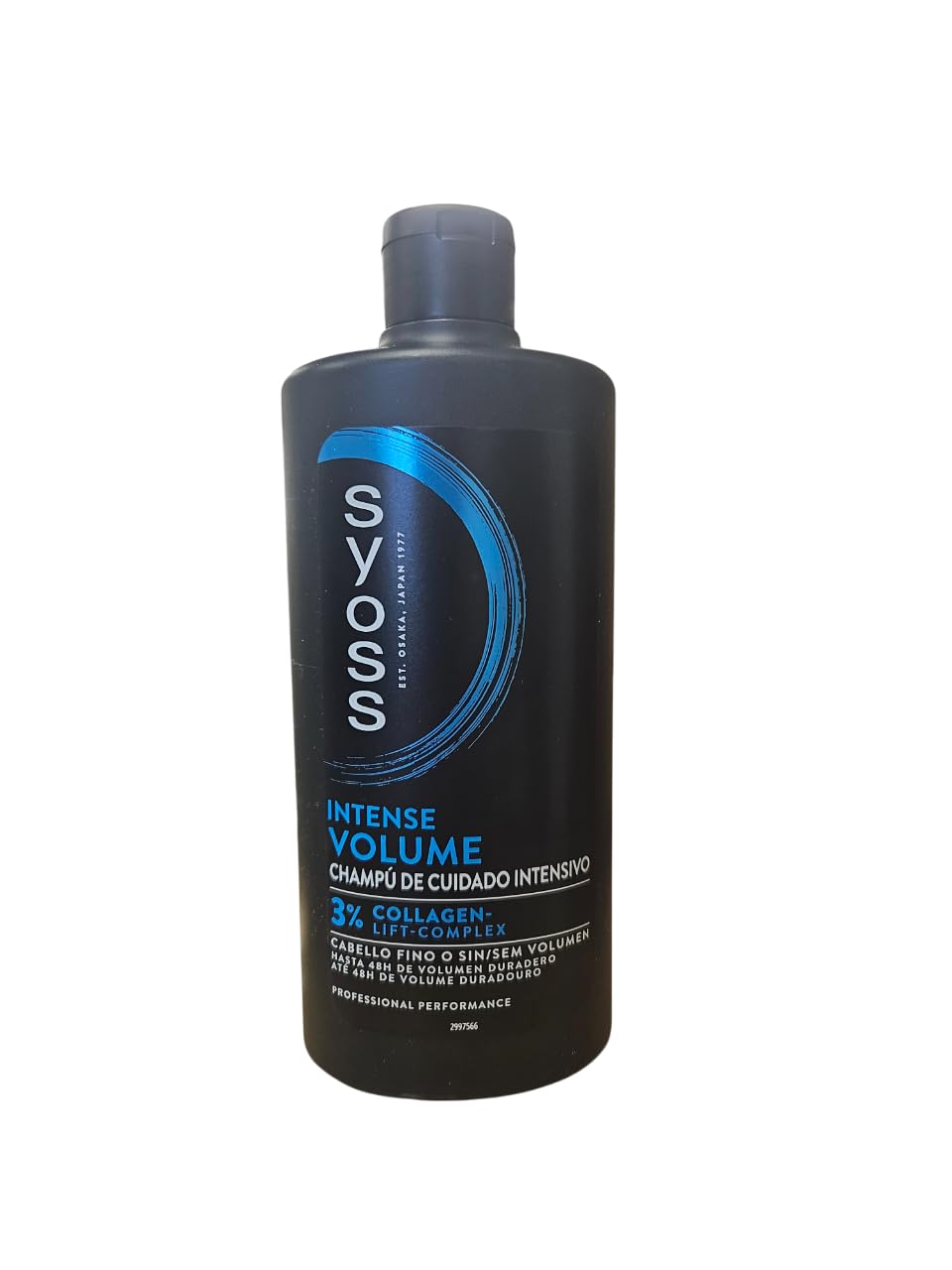 Syoss Volume Shampoo packaging highlights 100% recycled plastic for sustainable care.