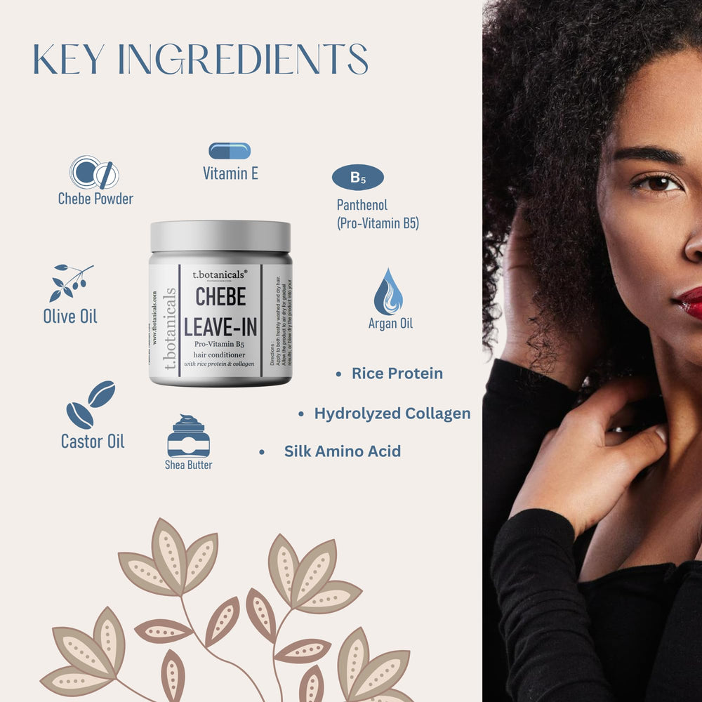 t.botanicals Chebe Leave-In Conditioner ingredient montage highlights Provitamin B5 and silk amino acids.