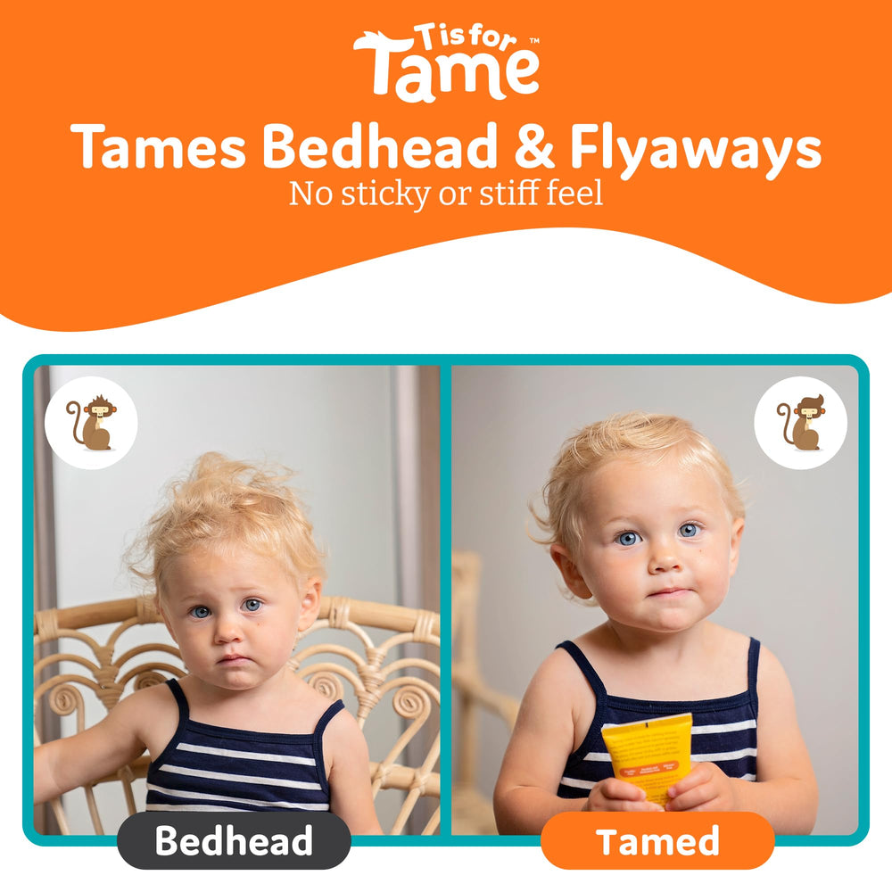 T is for Tame pump close-up demonstrates dime-sized amount for easy styling.
