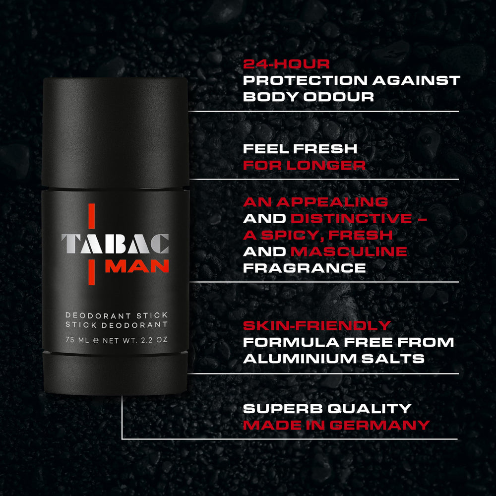 Close-up of Tabac Man deodorant label highlighting masculine fougere notes.