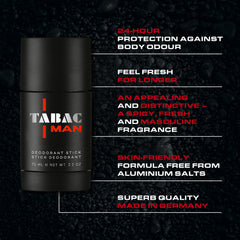 Close-up of Tabac Man deodorant label highlighting masculine fougere notes.