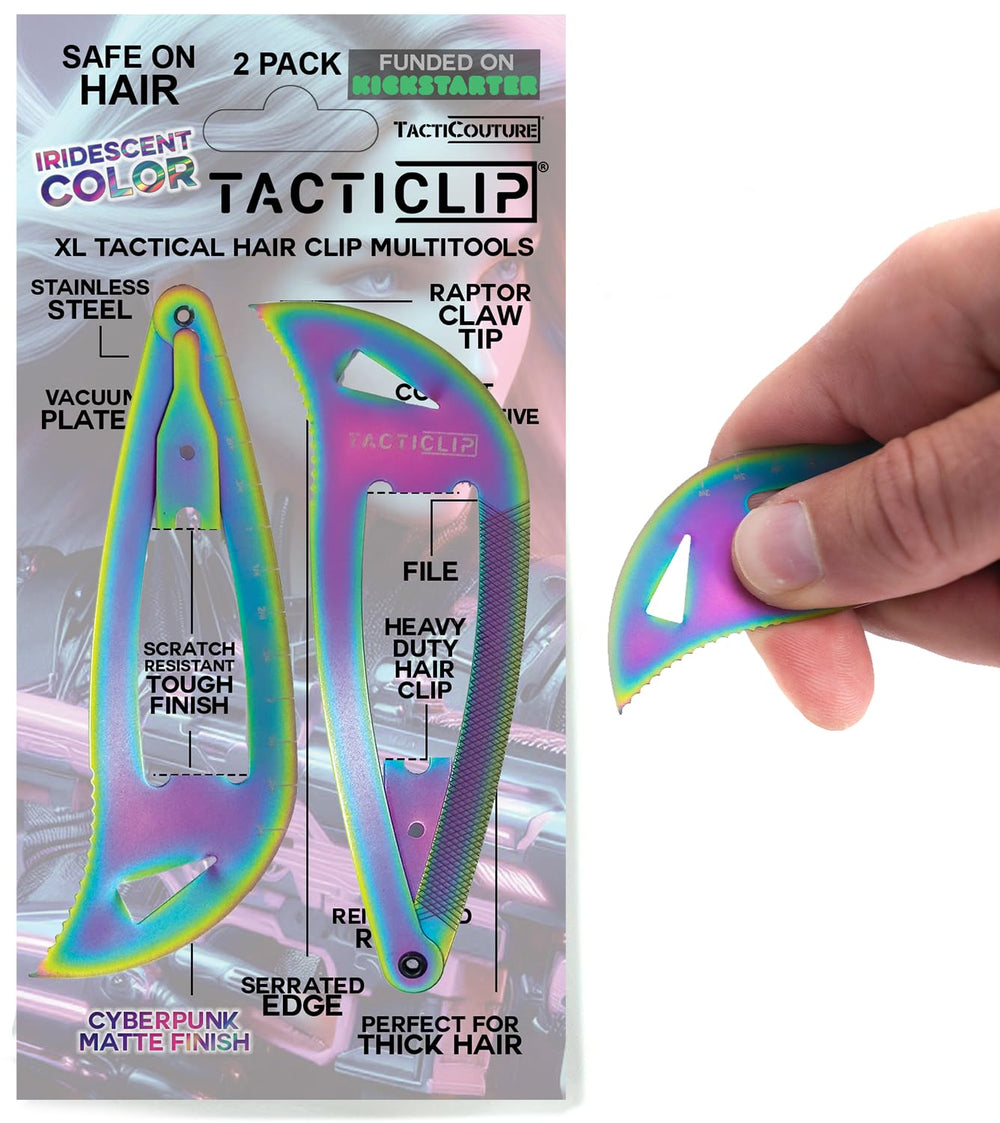 Tacticlip iridescent XL snap clip secures thick hair during active days.