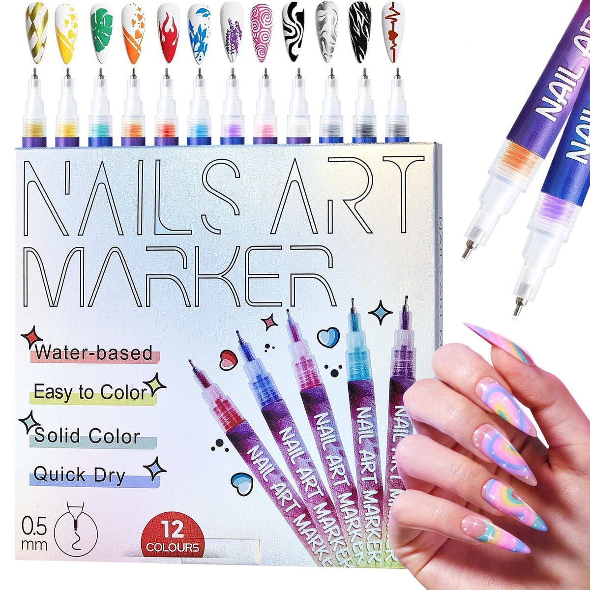 TAEERY nail art markers set with 12 colors for quick DIY designs