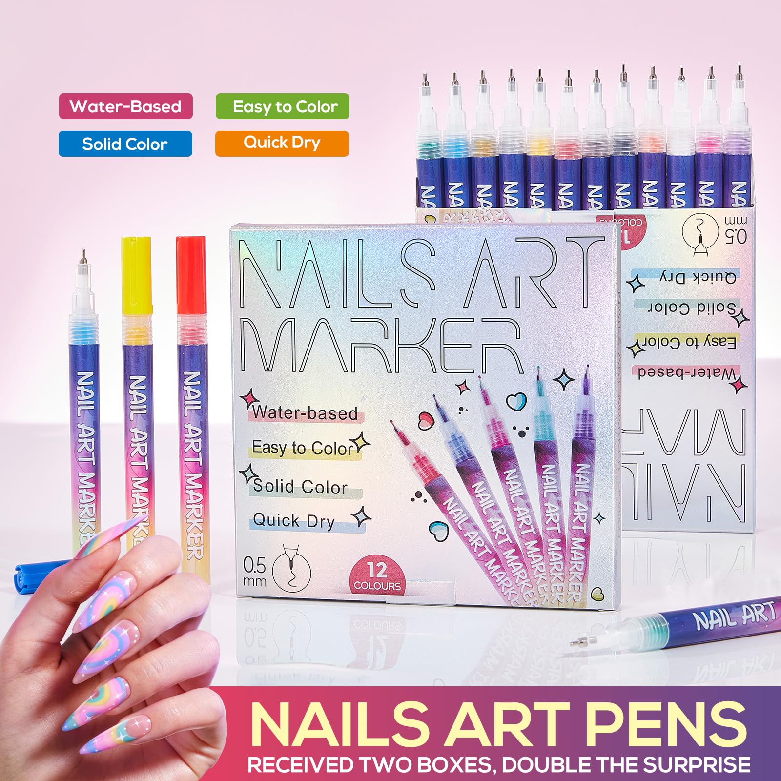 Close-up of Taeery nail art pens showing quick-dry formula