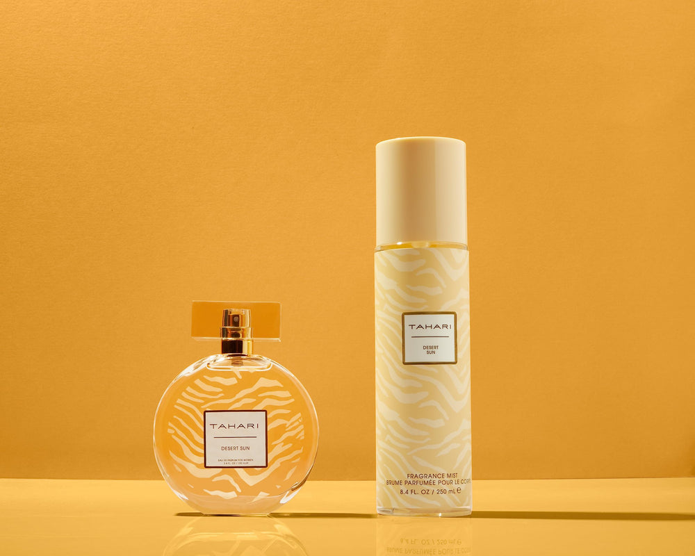 TAHARI Desert Sun bottle with warm vanilla and musk core for lasting scent