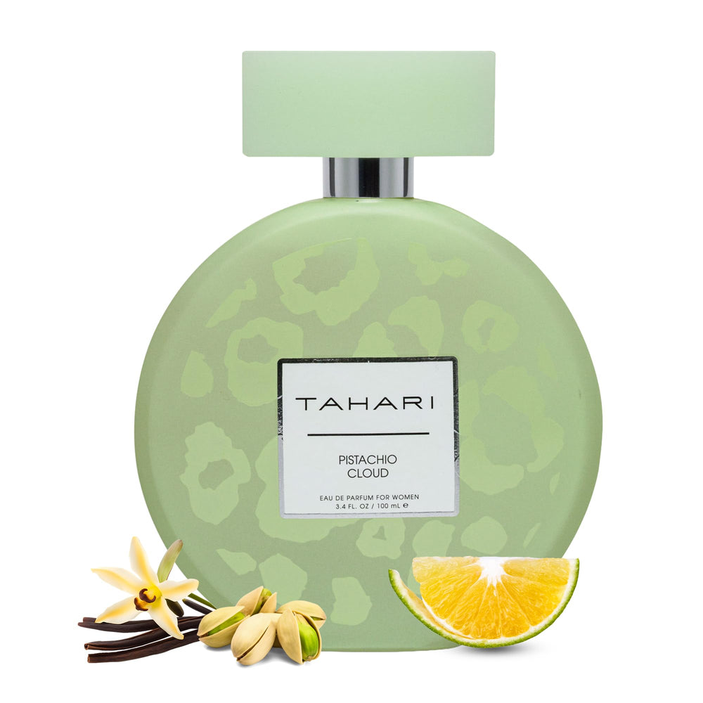 TAHARI Eau de Parfum bottle front shows pistachio-inspired sweetness for daily wear