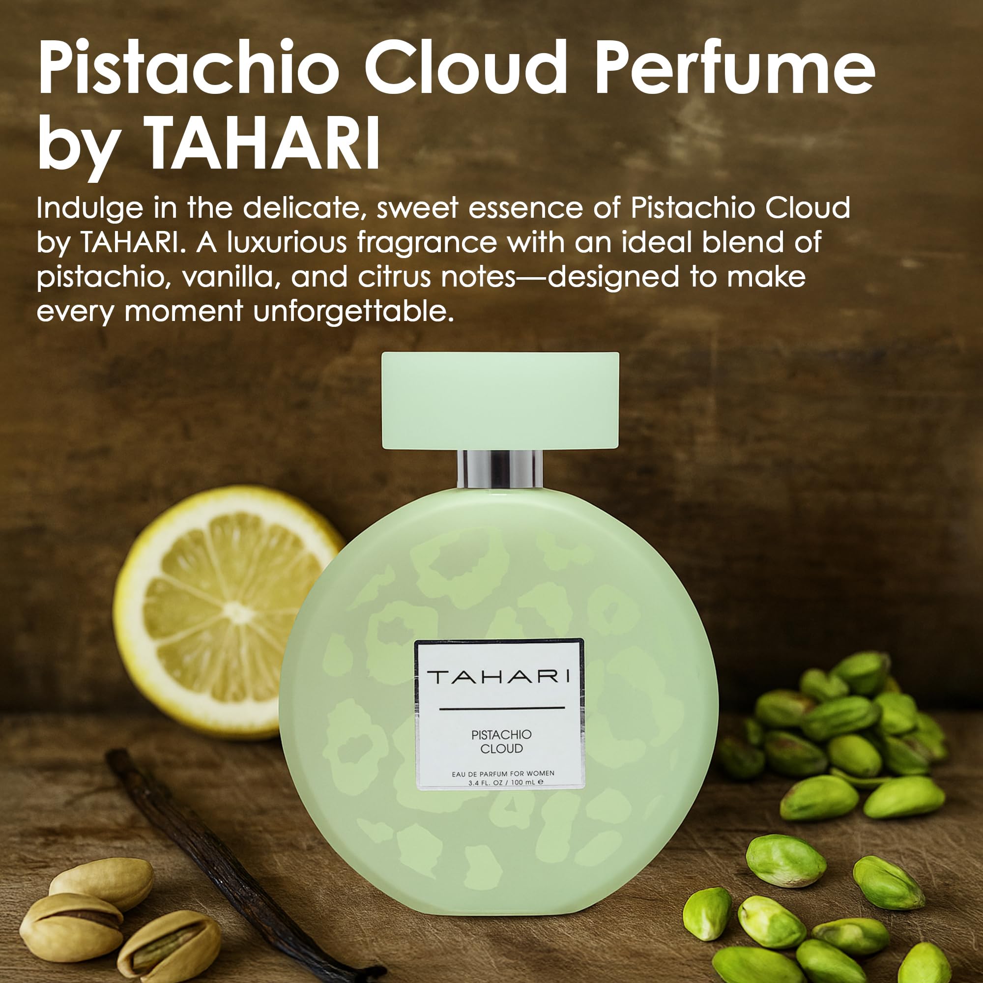 TAHARI bottle side view highlights sleek design and premium finish for vanity display