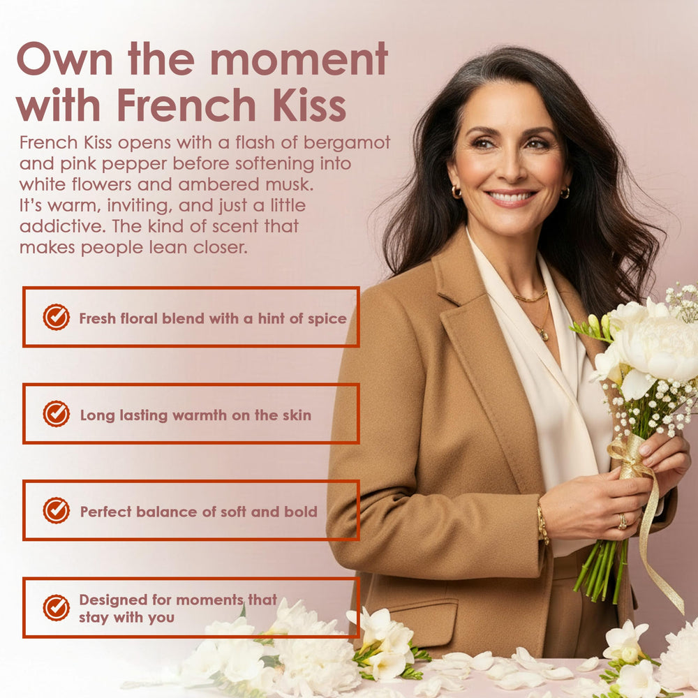 TAHARI French Kiss spritz application captures a moment of scent discovery.