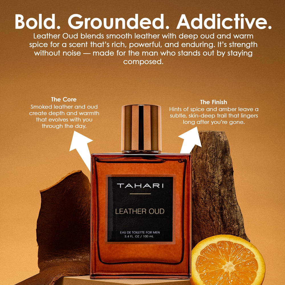 TAHARI Leather Oud gift-ready box conveying luxury gifting appeal.
