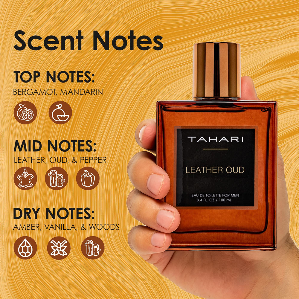 TAHARI Leather Oud top-note bergamot highlight for a fresh opening.