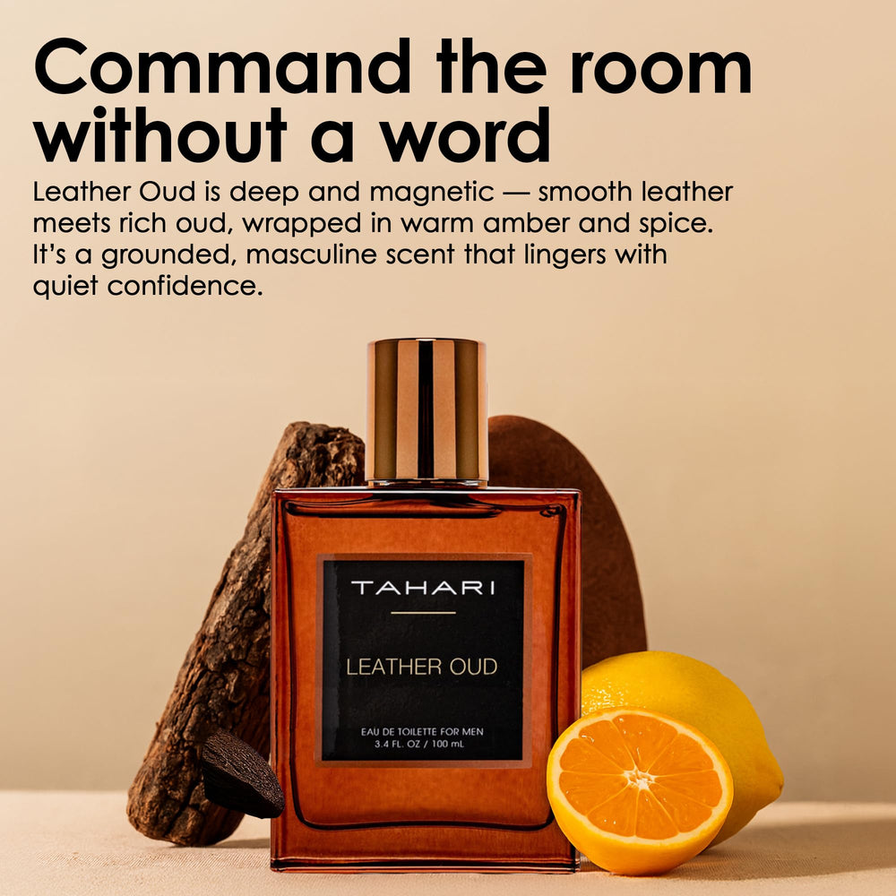 TAHARI Leather Oud woody heart with oud and pepper depth.