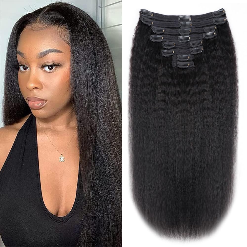 Tahikie kinky straight clip-in full-head 8 pieces, 18 clips for instant volume