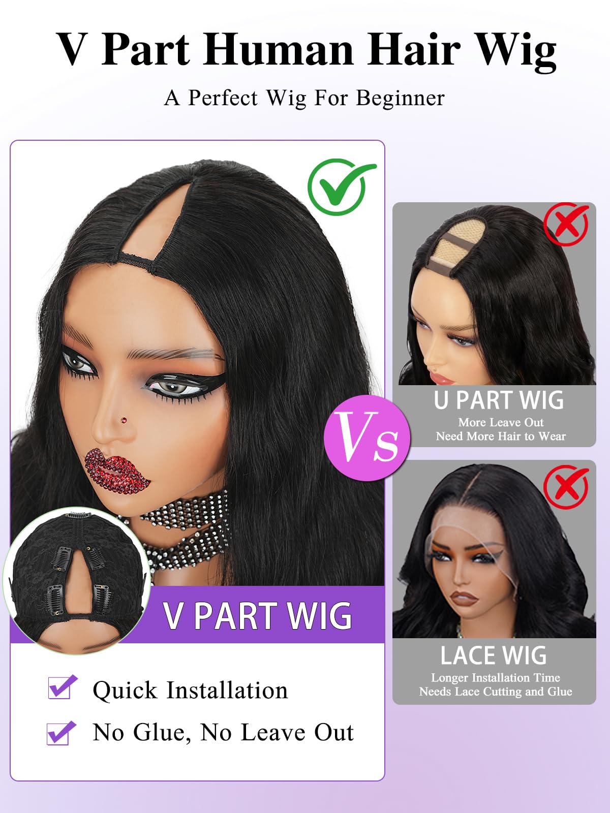 Tahikie V Part Wig with three combs and five clips for secure fit.