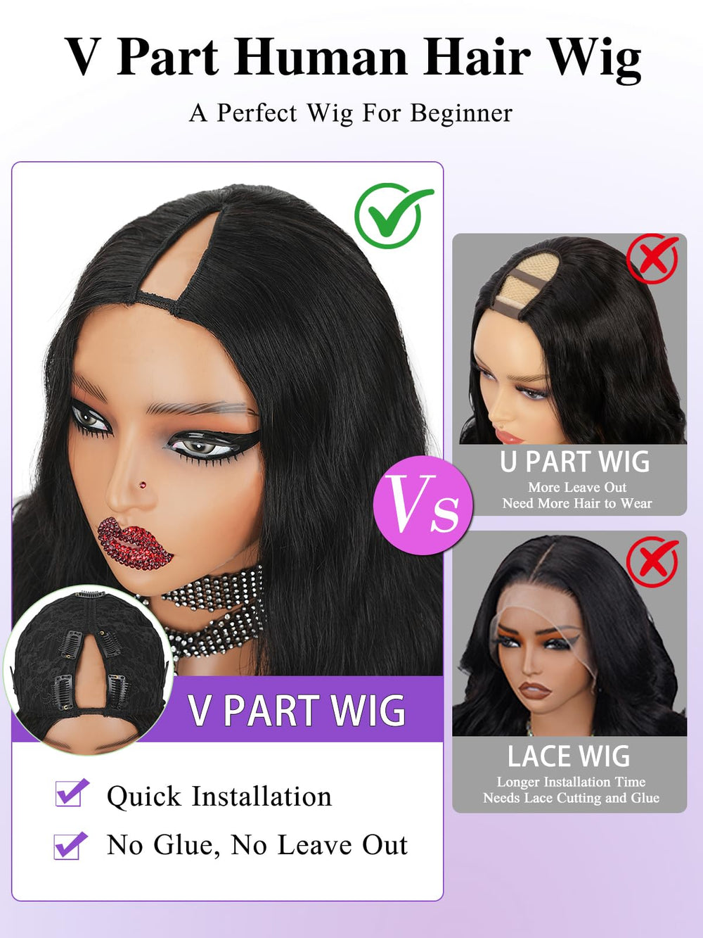 Tahikie V Part Wig with three combs and five clips for secure fit.