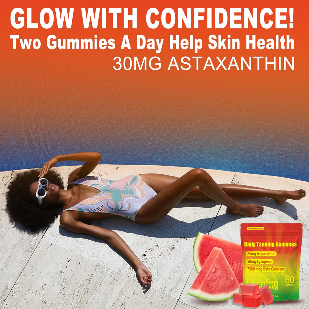 TailTrespass Tanning Gummies flat lay with gummies and glass for daily routine.