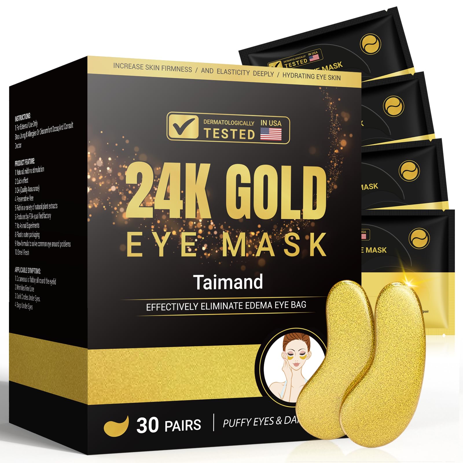 Taimand 24K gold under-eye patches for soothing puffiness reduction.