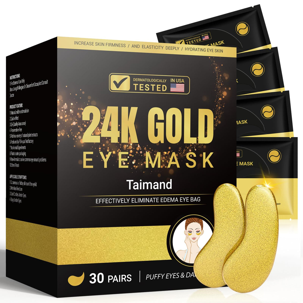 Taimand 24K gold under-eye patches for soothing puffiness reduction.
