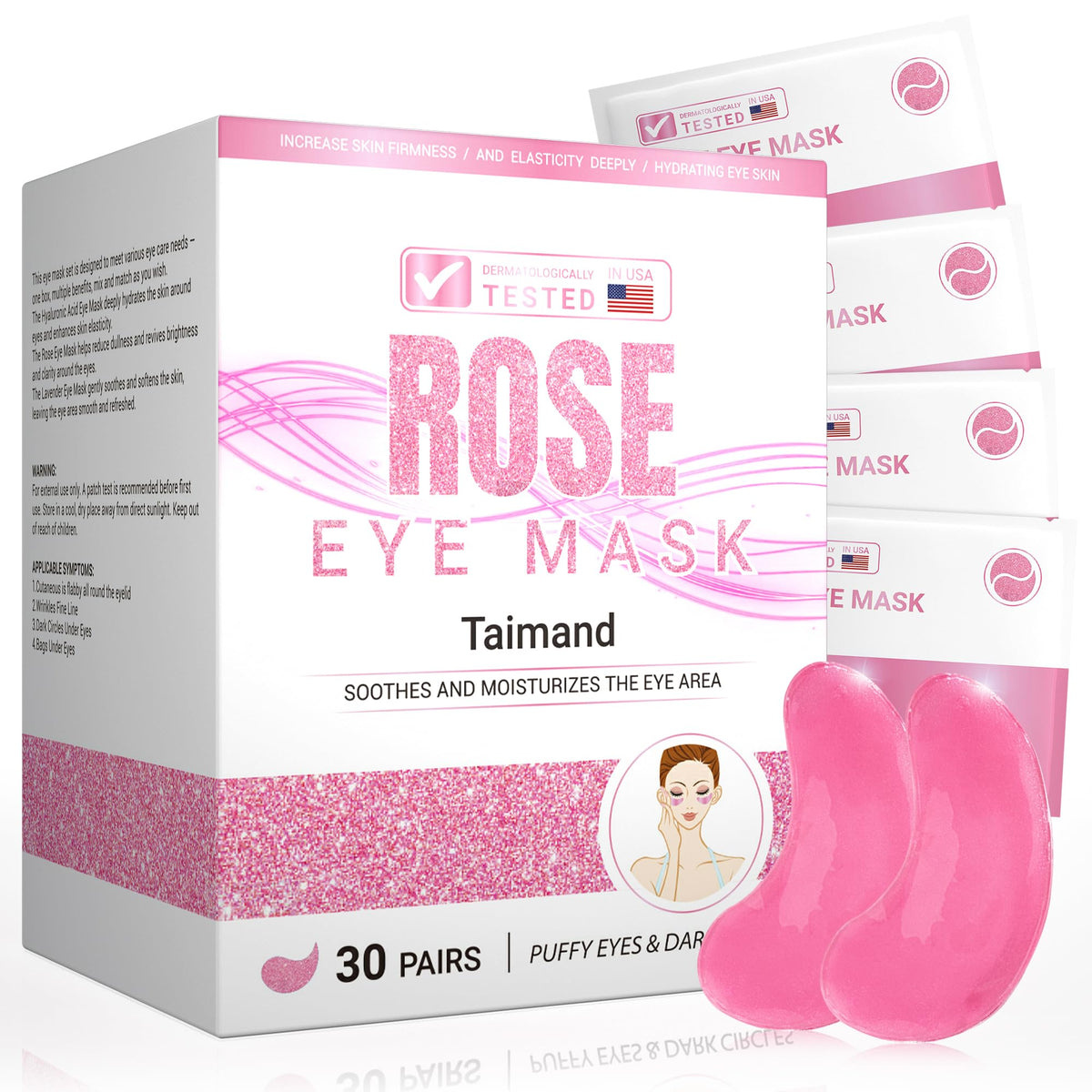 Taimand Rose under-eye patches packaging highlights hygiene-ready sachets for convenience