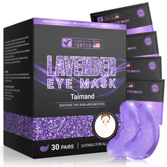 Taimand Lavender Under Eye Patches bottle displays calming eye care benefits.