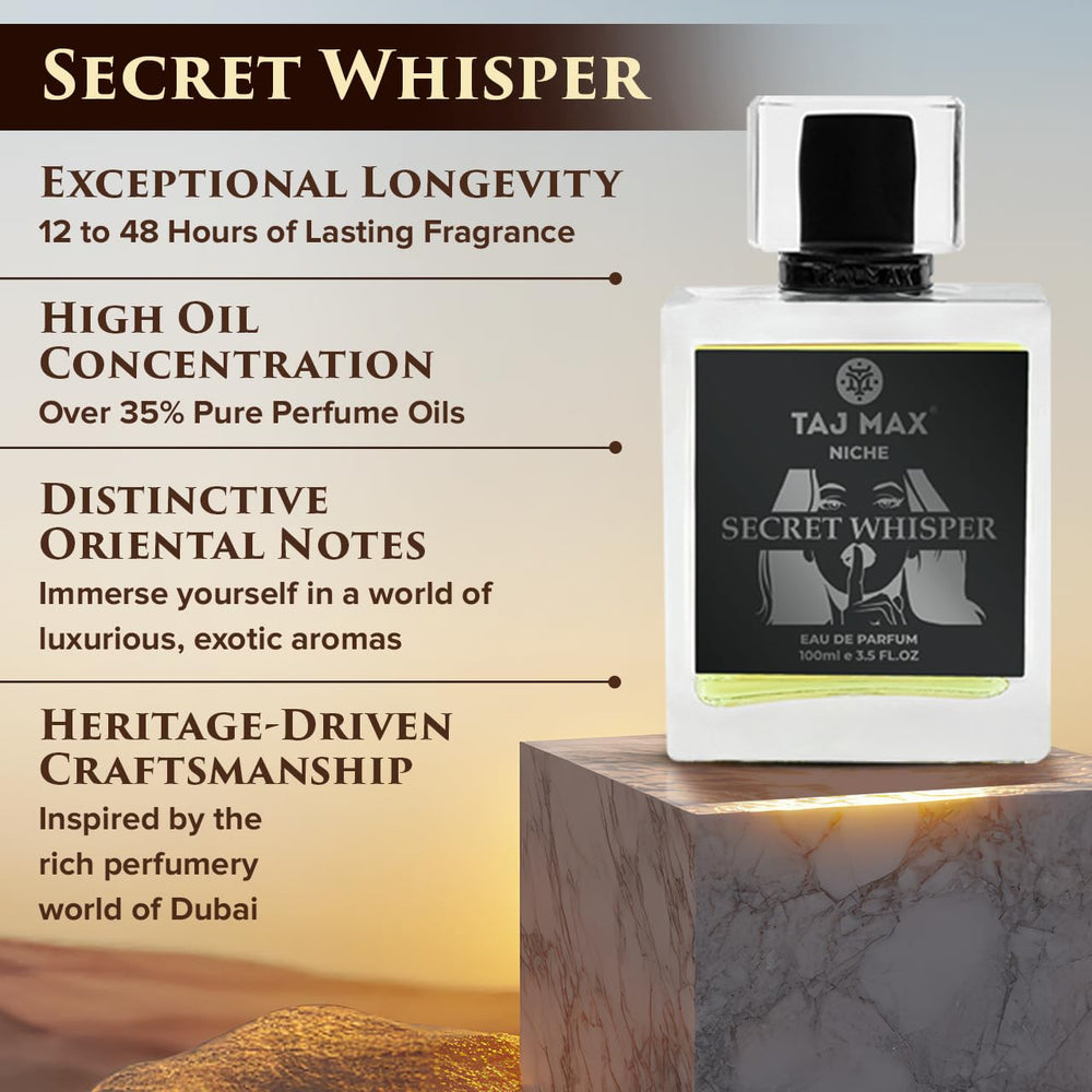 TAJ MAX Secret Whisper bottle-closeup captures amber and sandalwood notes.