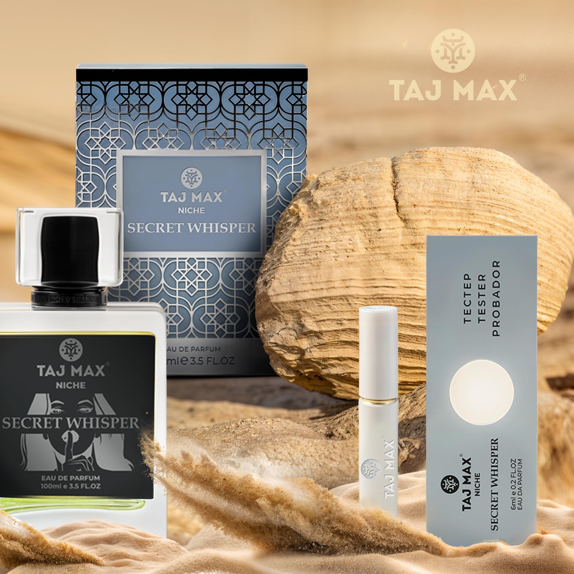 TAJ MAX Secret Whisper travel tester included for on-the-go.