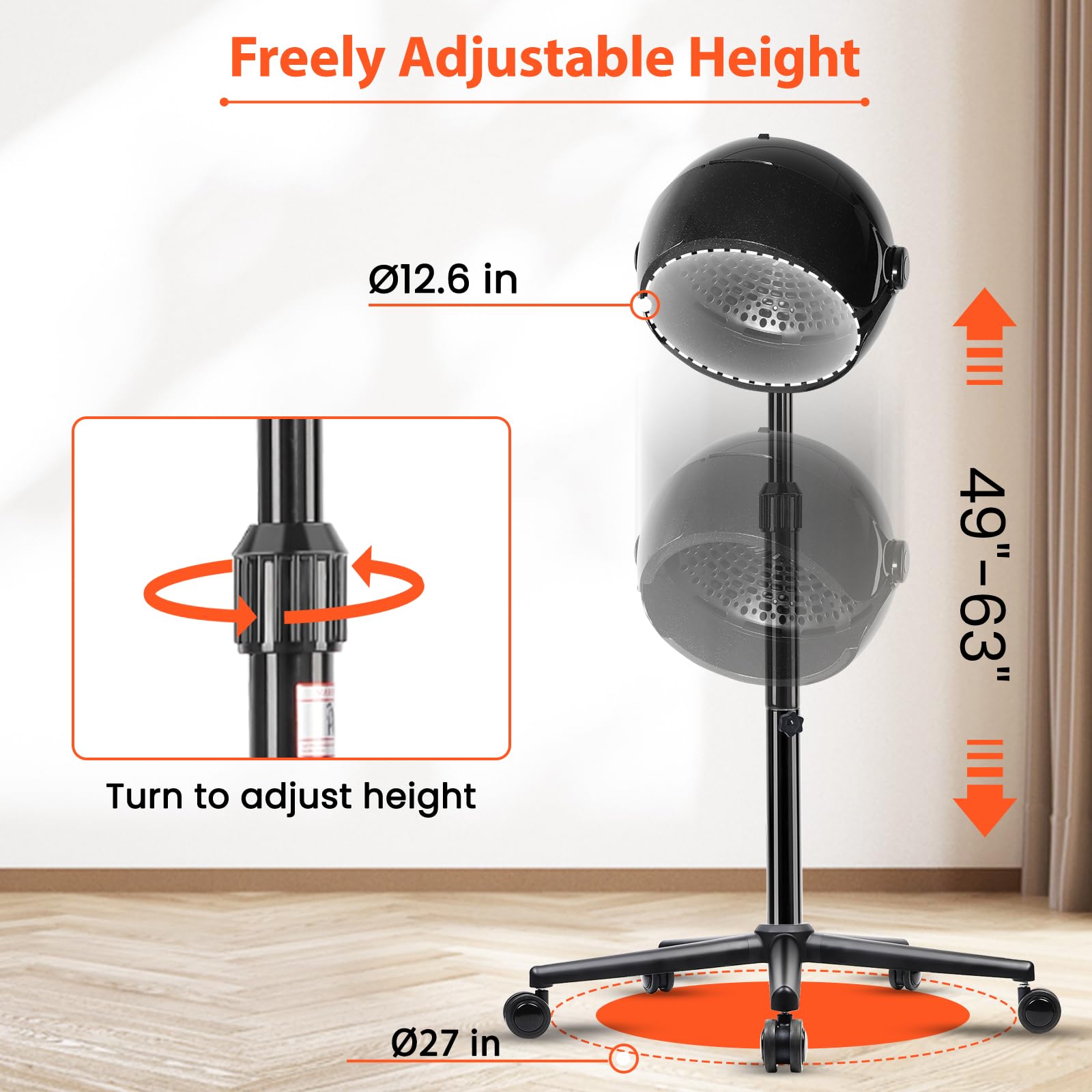 Takeashine hooded hair dryer rolling wheels enable easy repositioning during sessions.