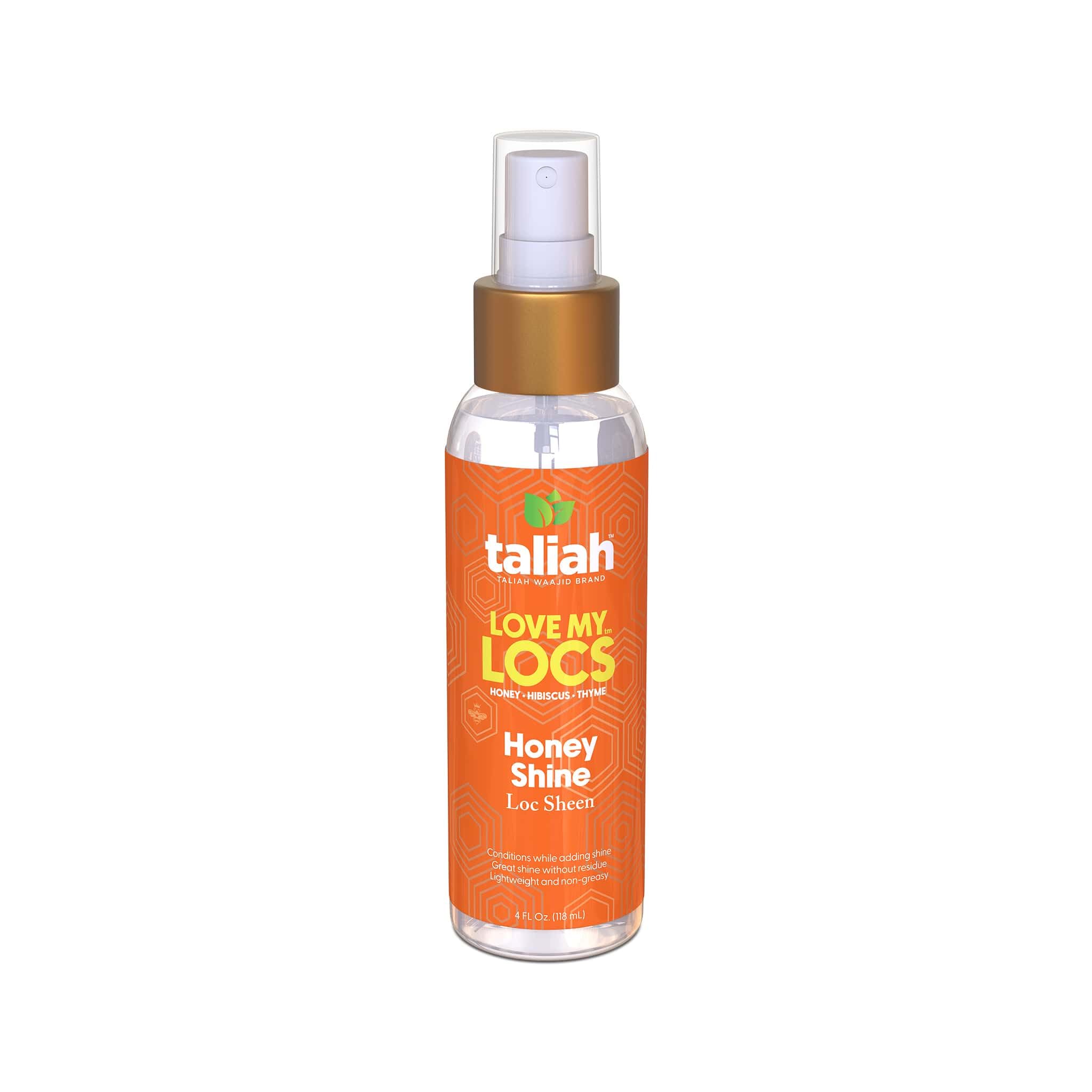 taliah waajid honey shine loc sheen 4 oz bottle enhances daily hair routine with gloss.