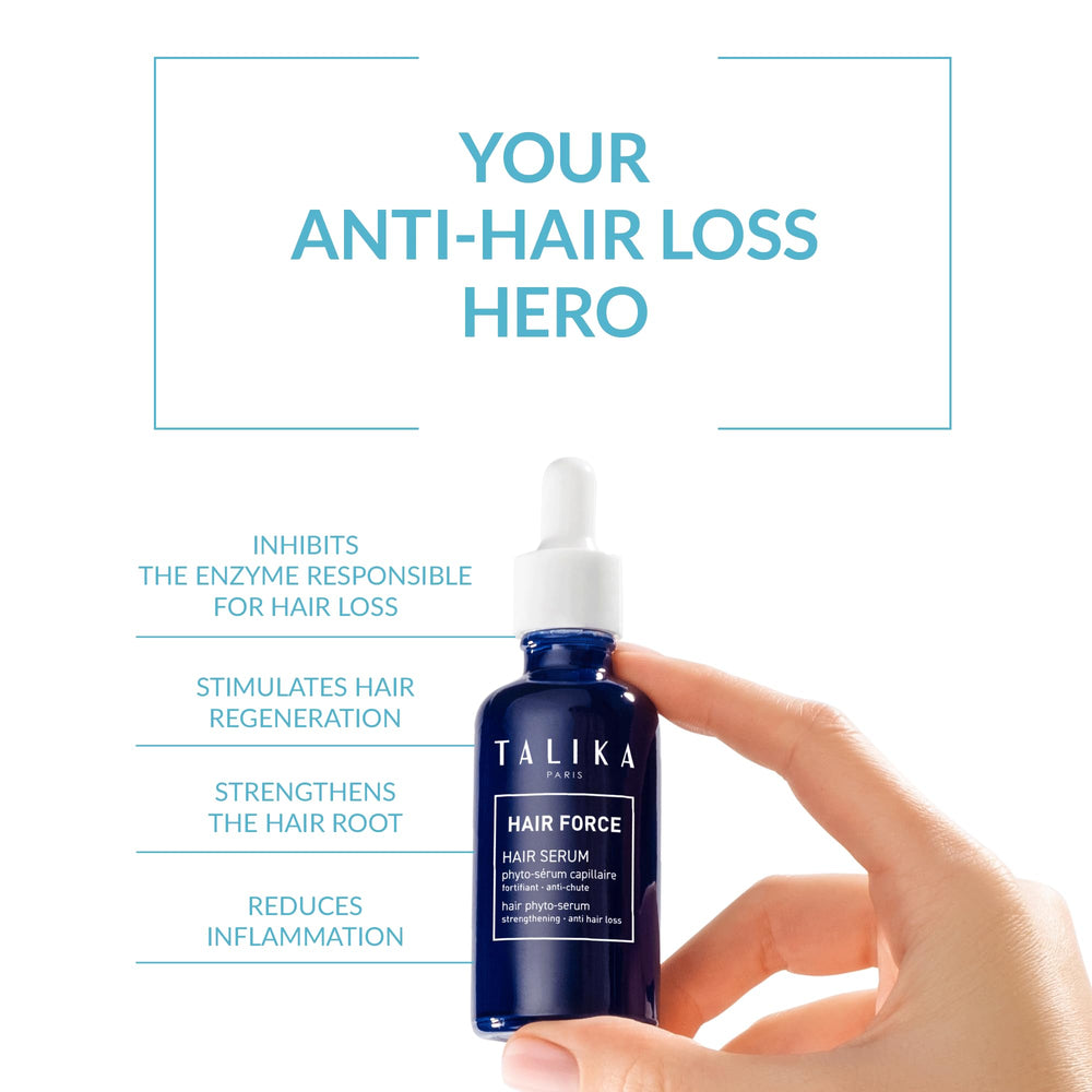 Talika Hair Force Phyto Serum bottle showing paraben-free formula detail.
