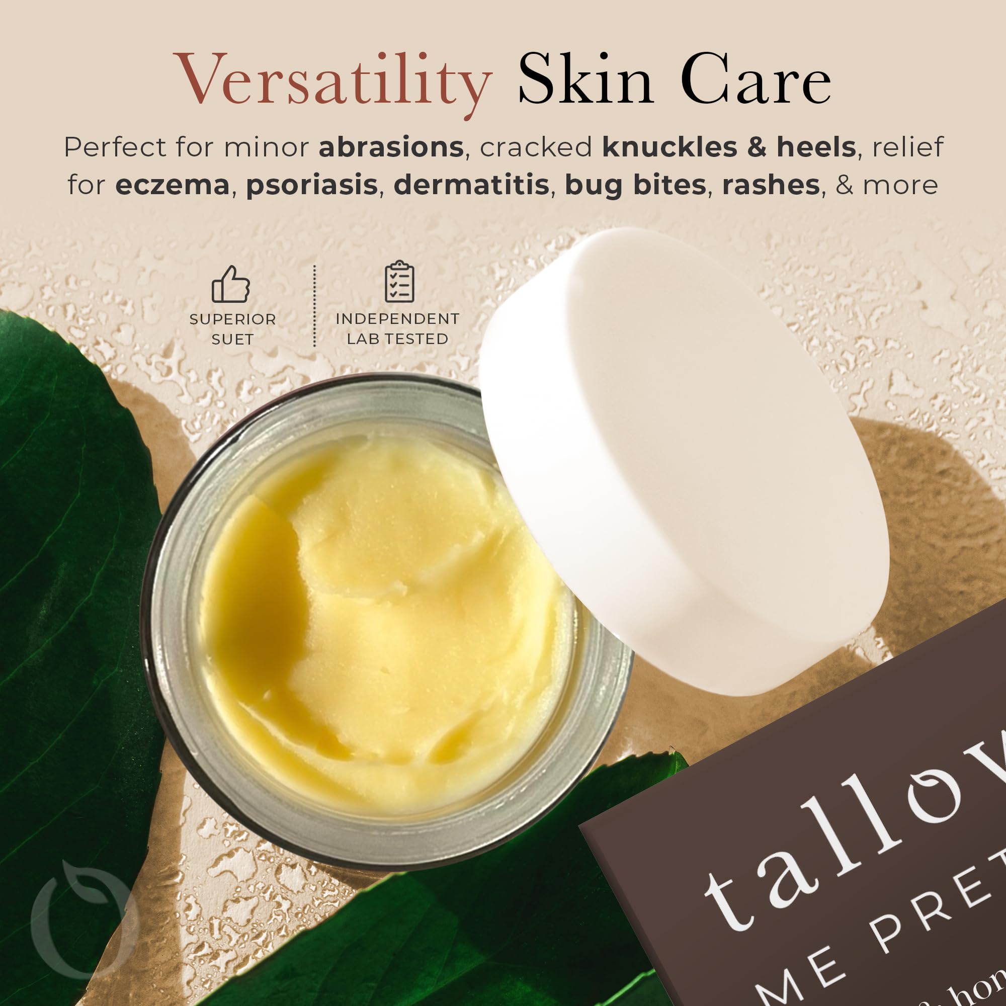Tallow Me Pretty dry-rendered texture preserves nutrients on skin.