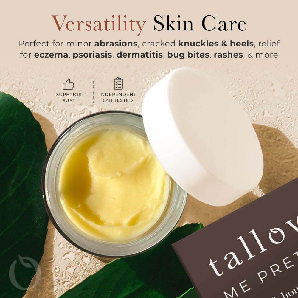 Tallow Me Pretty dry-rendered texture preserves nutrients on skin.