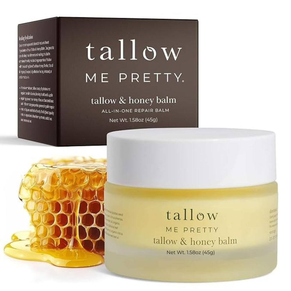 Tallow Me Pretty Honey Tallow Balm jar closeup, rich texture for sensitive skin care.