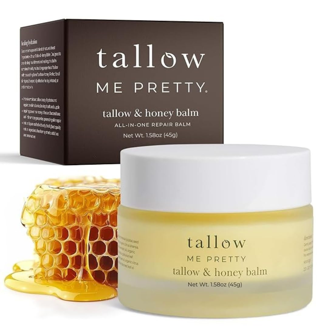 Tallow Me Pretty Honey Tallow Balm jar closeup, rich texture for sensitive skin care.