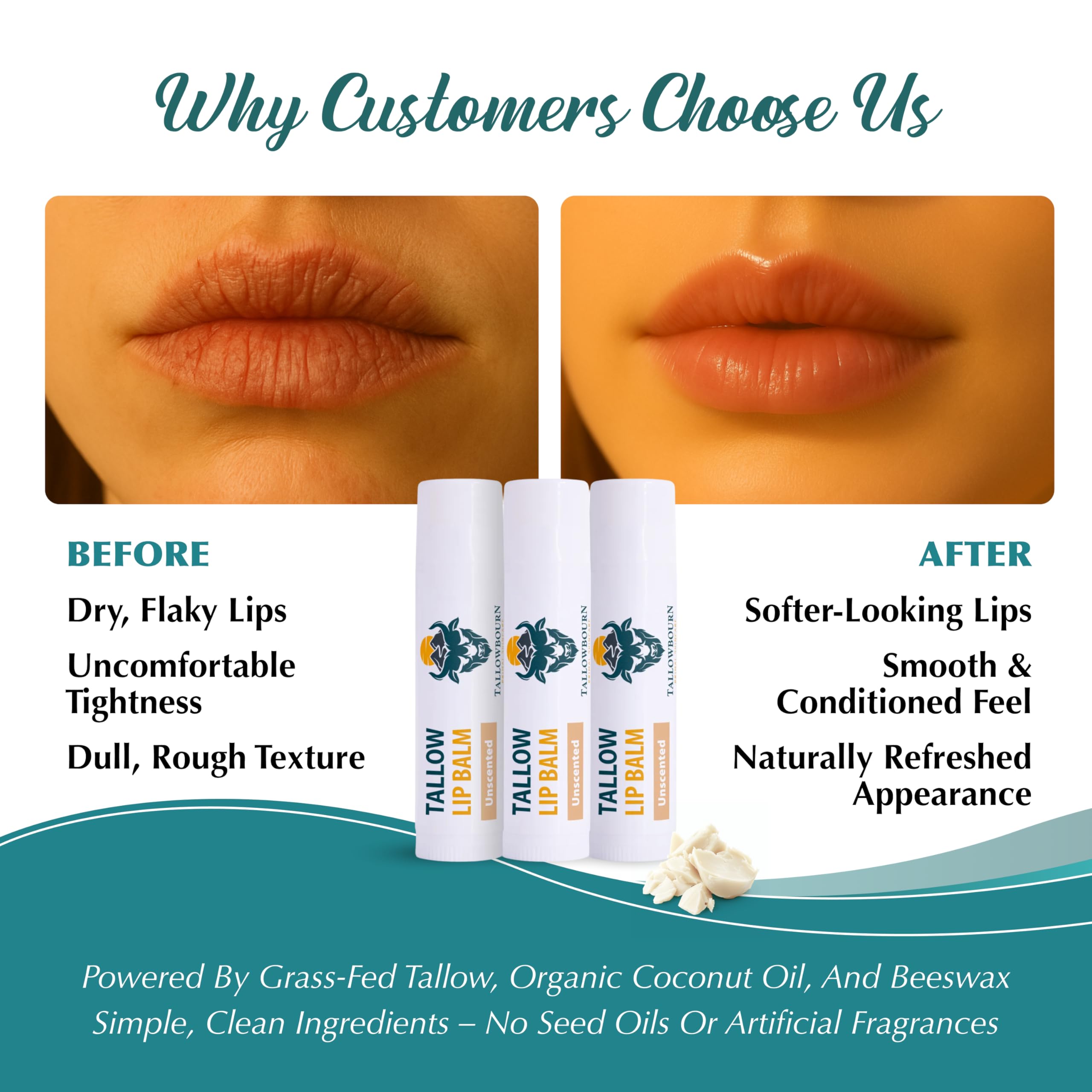 Tallowbourn vitamin E enriches the formula for soft lips