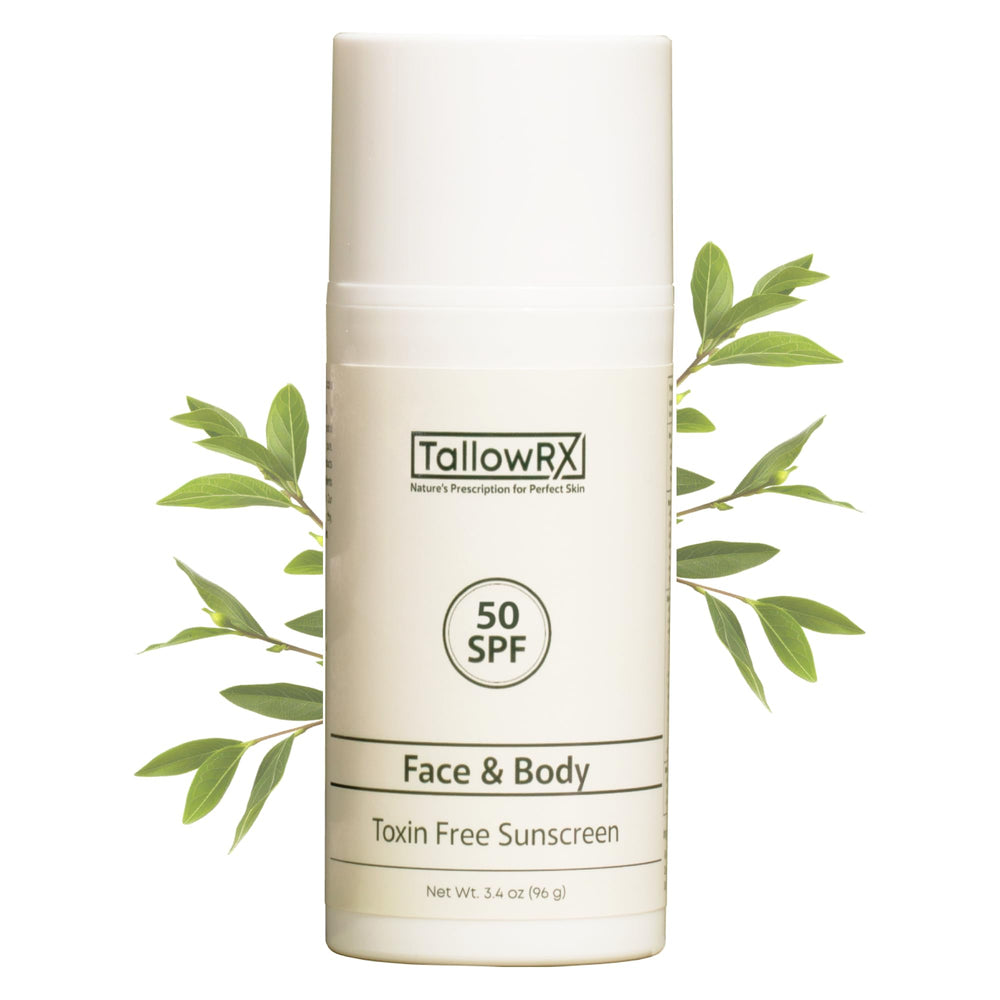 TALLOWRX sunscreen bottle close-up showing mineral SPF 50 protection for daily use