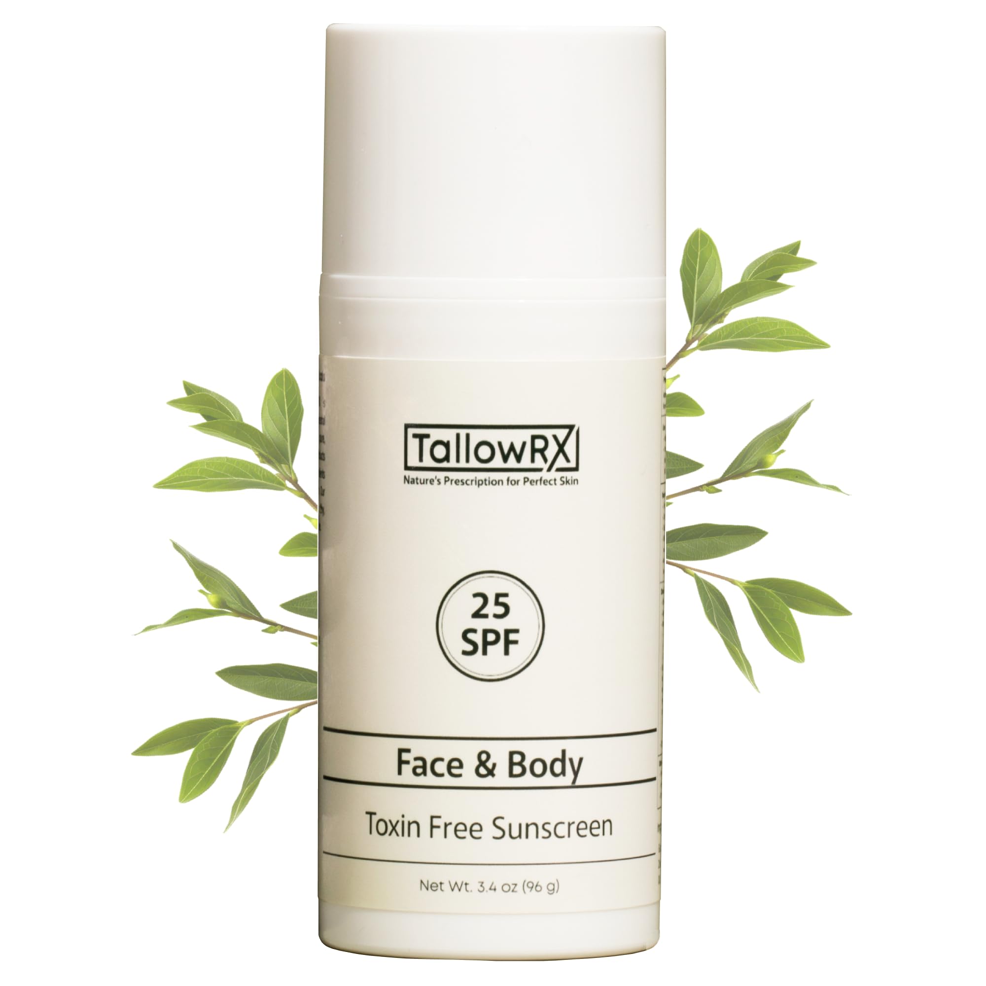 TallowRX SPF25 sunscreen bottle close-up for daily mineral protection