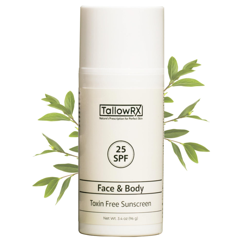 TallowRX SPF25 sunscreen bottle close-up for daily mineral protection