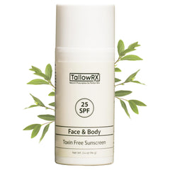 TallowRX SPF25 sunscreen bottle close-up for daily mineral protection