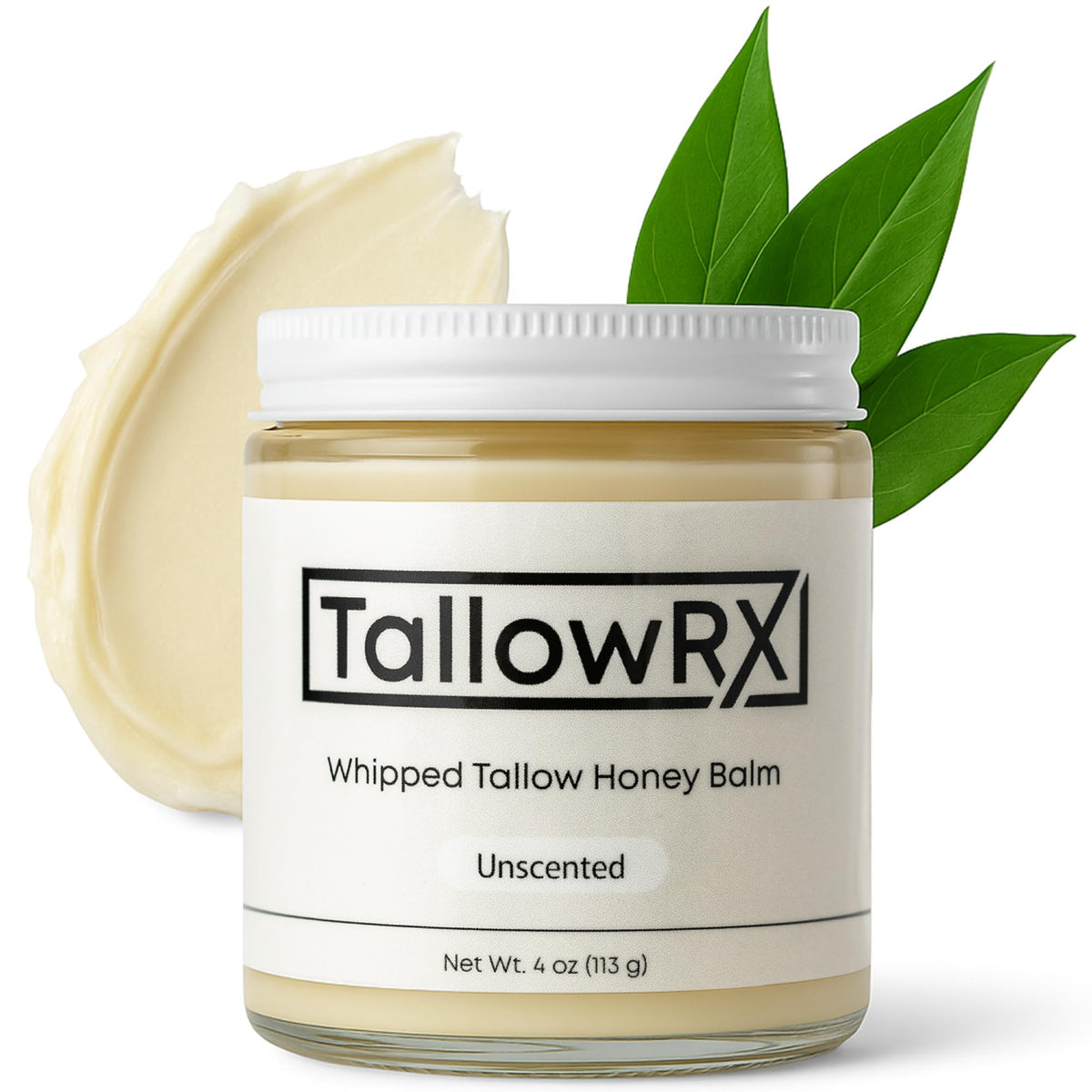 TallowRX whipped tallow honey balm in a jar delivering deep hydration for skin.