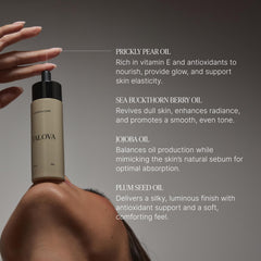 TALOVA Botanical Elixir application portrait demonstrates fast absorbing hydration.