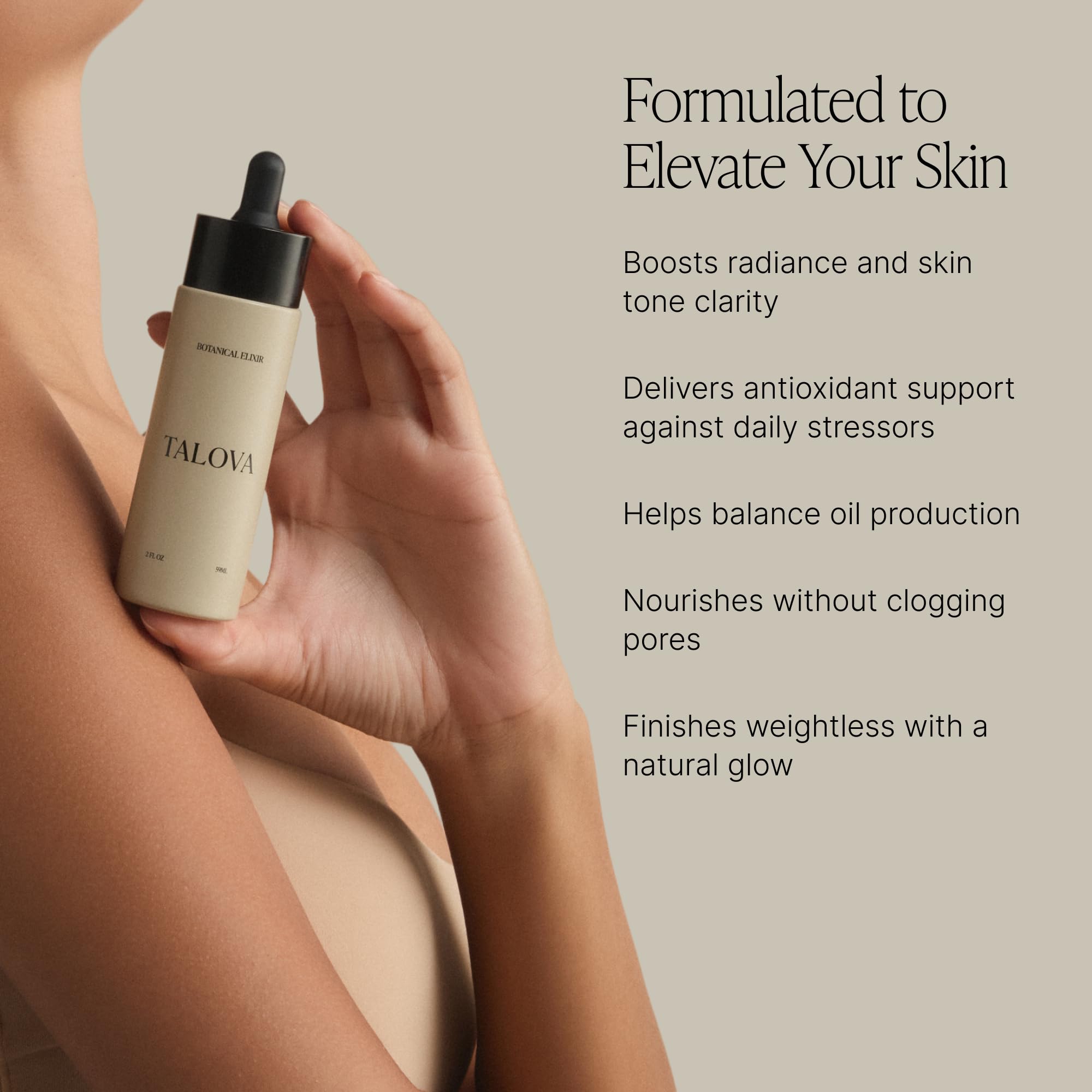 TALOVA Botanical Elixir texture closeup shows silky oil for smooth skin.