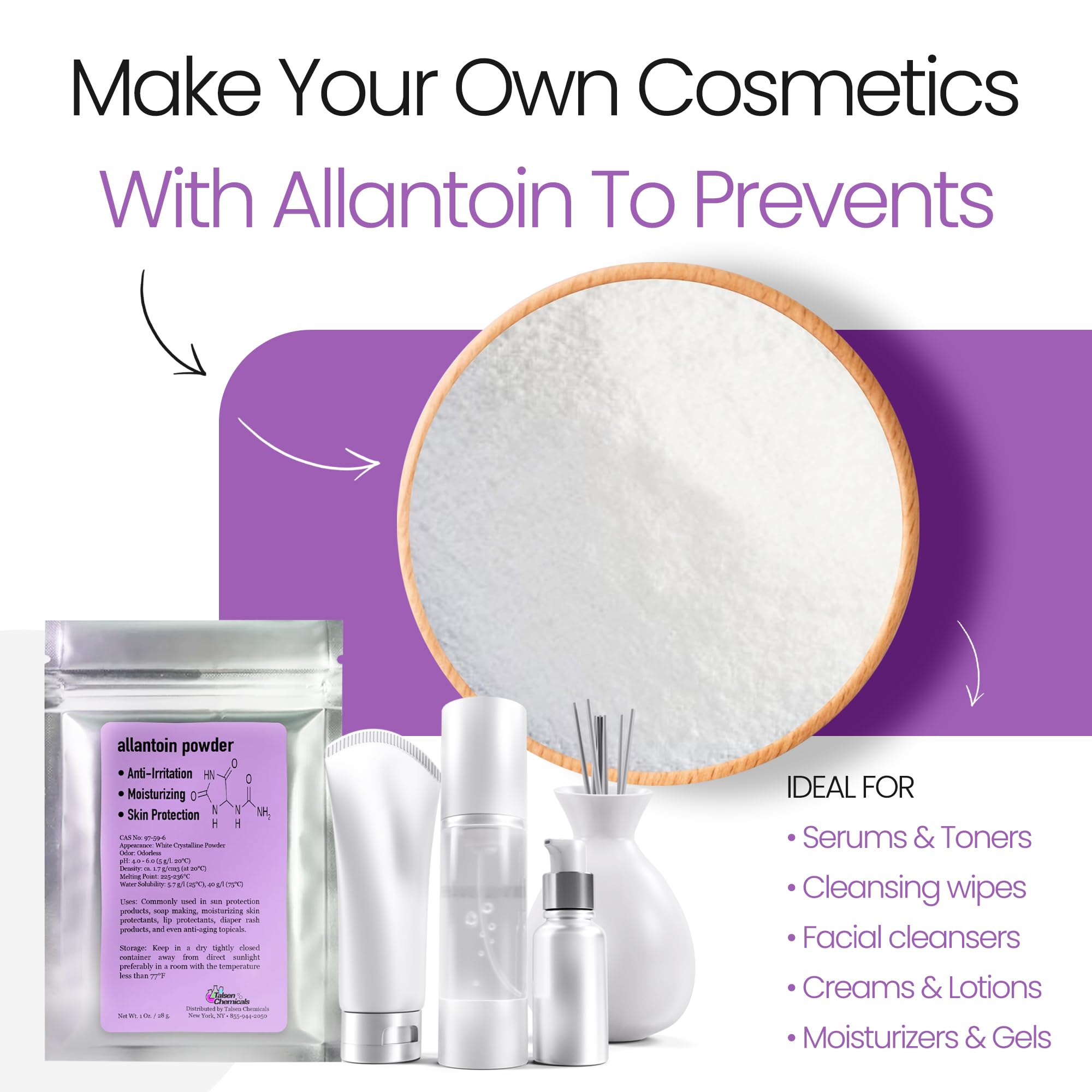 Talsen Allantoin powder label emphasizes cosmetic grade quality.