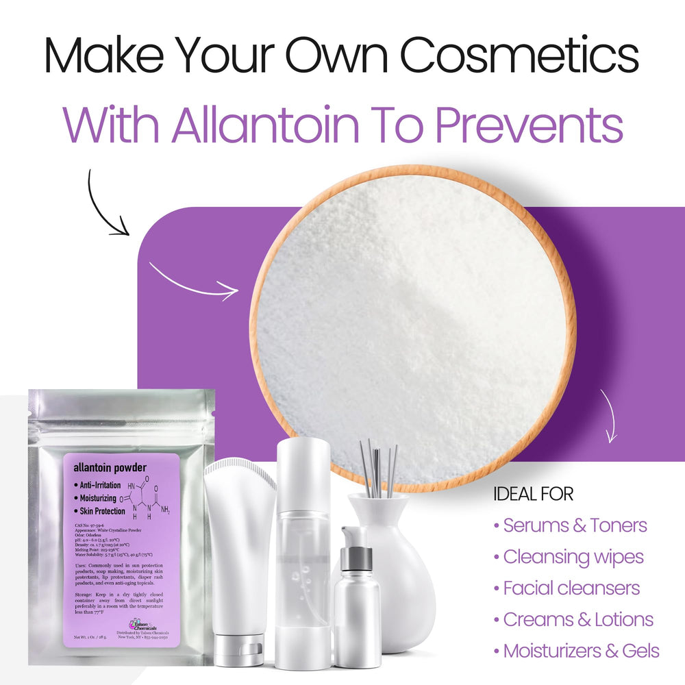 Talsen Allantoin powder label emphasizes cosmetic grade quality.