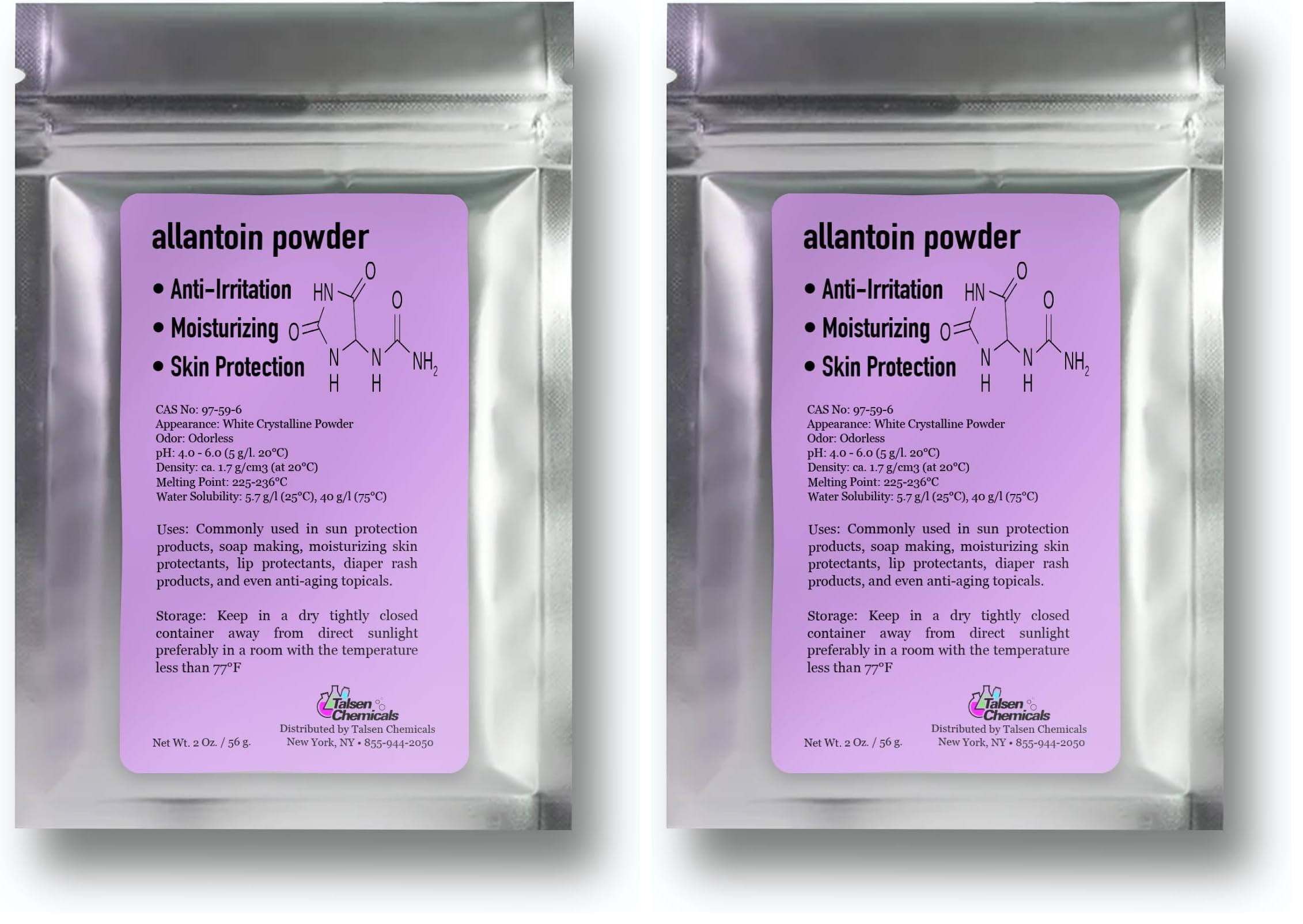 Talsen Chemicals Allantoin powder packaging for easy DIY skincare hydration.
