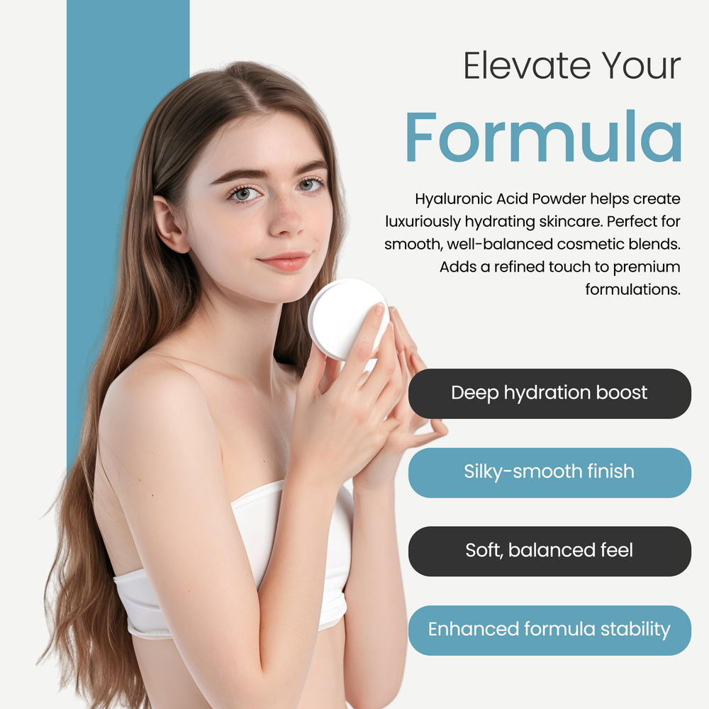 Lab-style setup with Talsen Chemicals cosmetic-grade HA Powder, signifying purity and safe layering.