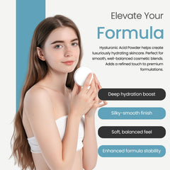 Lab-style setup with Talsen Chemicals cosmetic-grade HA Powder, signifying purity and safe layering.