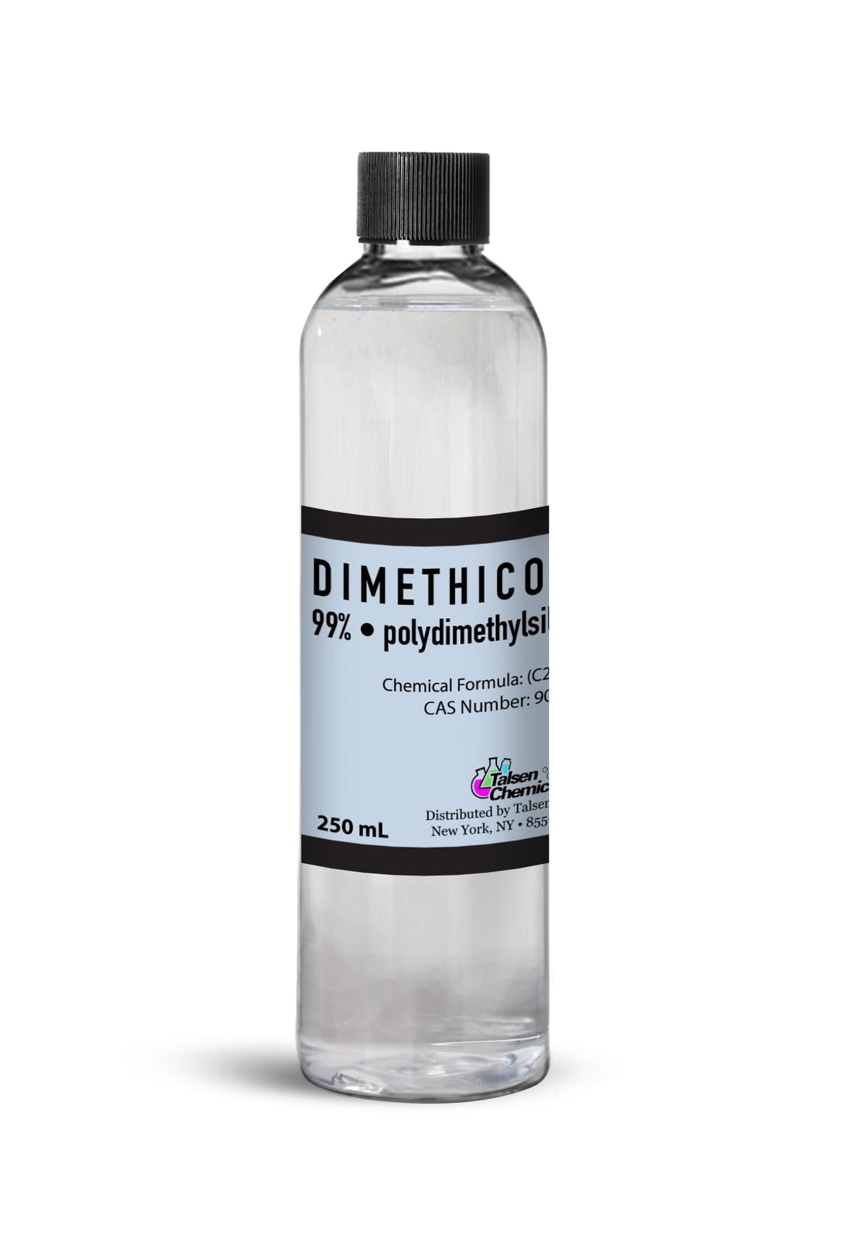 Talsen Chemicals Dimethicone Oil bottle pour shows a clear, silky silicone oil for smooth application.