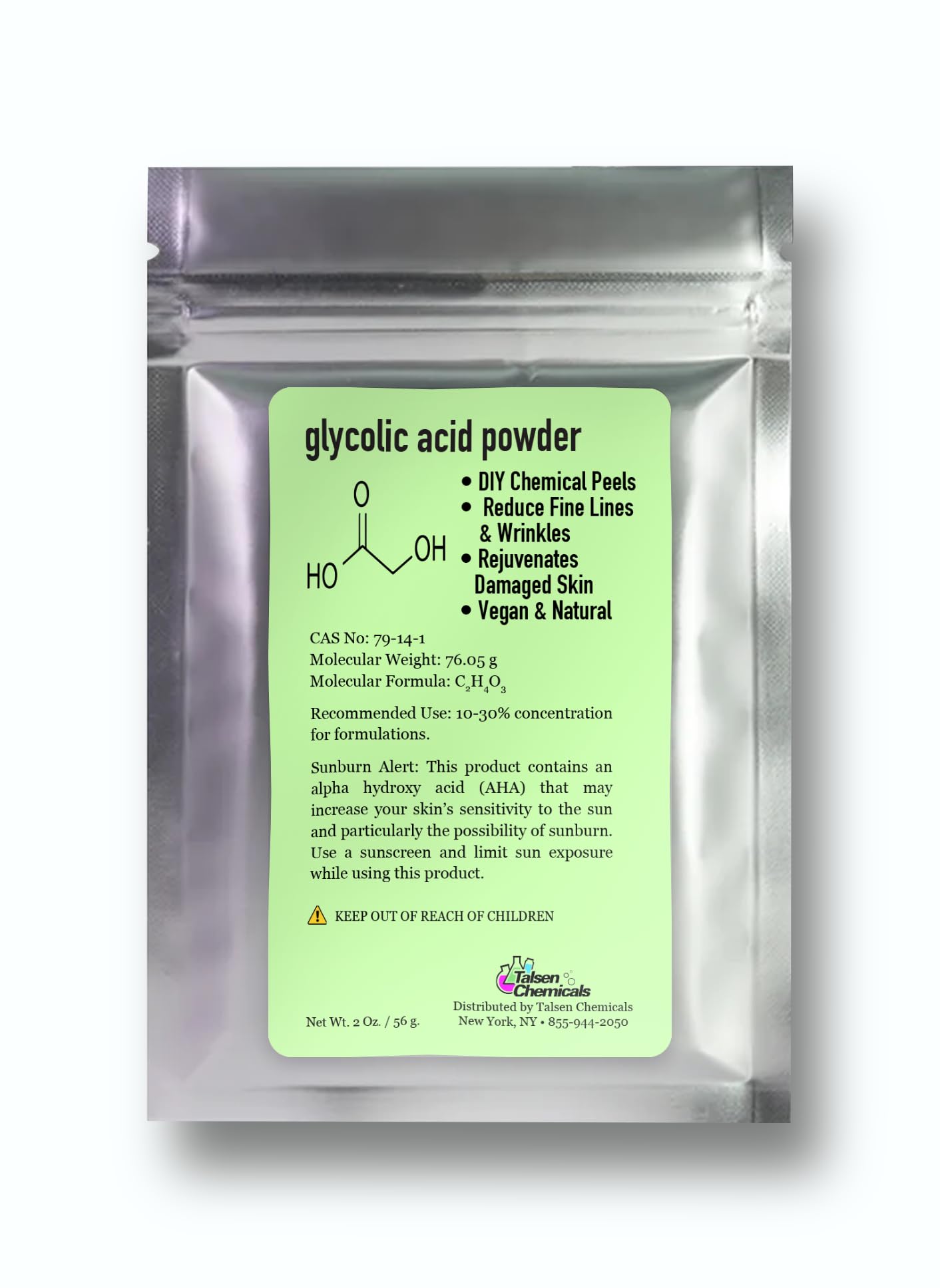 Talsen Chemicals Glycolic Acid Powder jar shows purity for DIY blends.