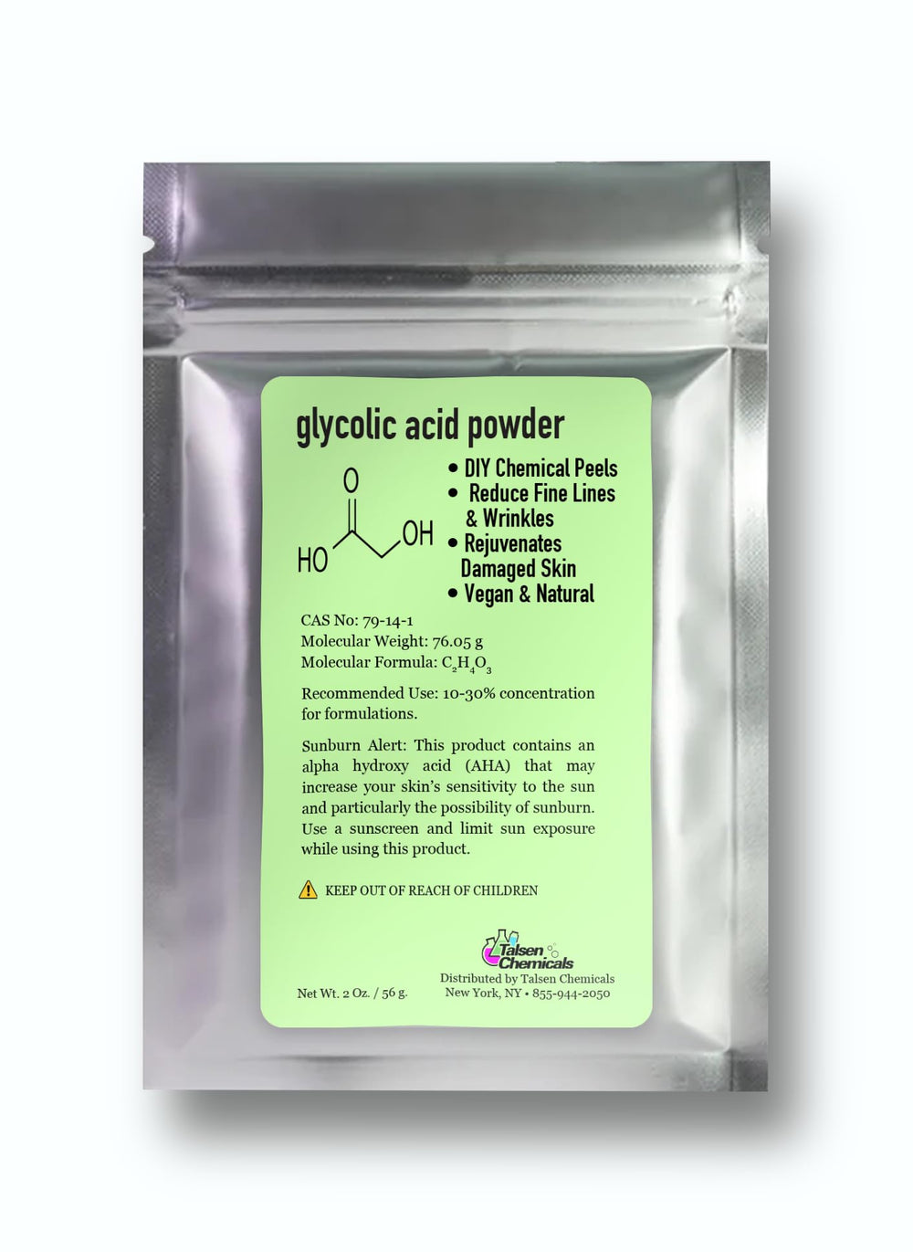 Talsen Chemicals Glycolic Acid Powder jar shows purity for DIY blends.